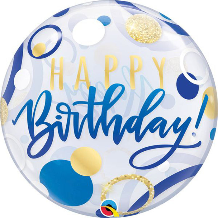 Cheerful 22-inch Blue Happy Birthday Circle Bubble Balloon with Gold Dots