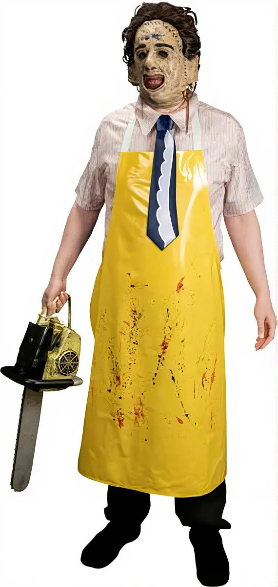Leatherface Halloween costume with mask and yellow apron