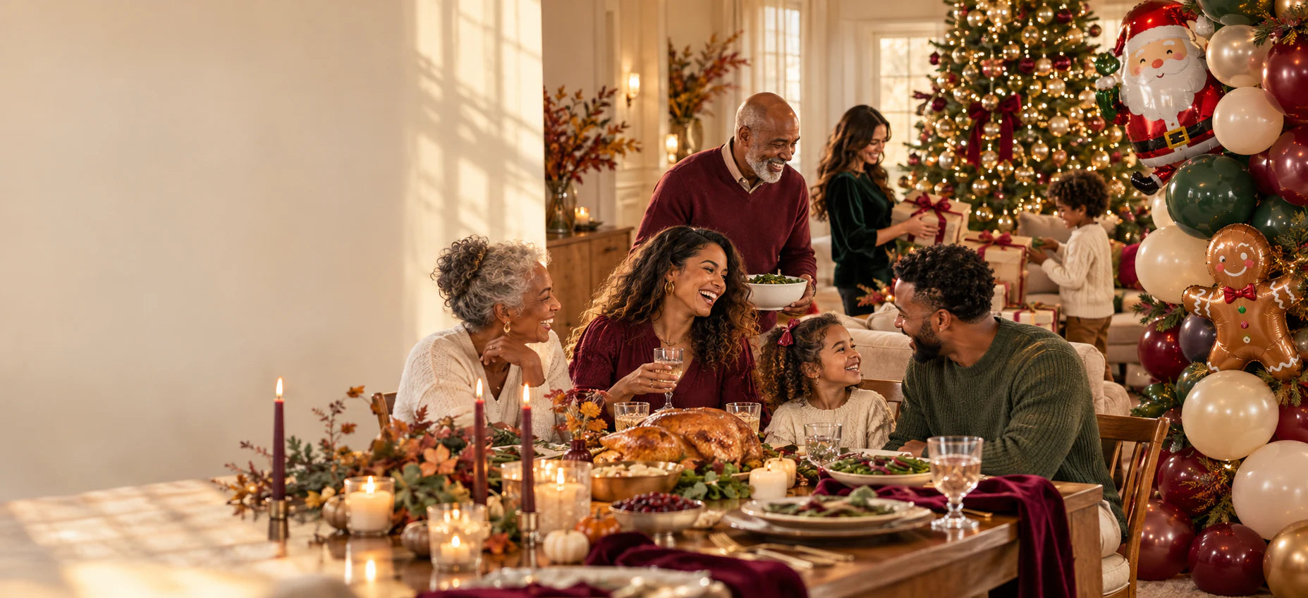Multigenerational family celebrating Thanksgiving beside a Christmas tree and festive character balloons