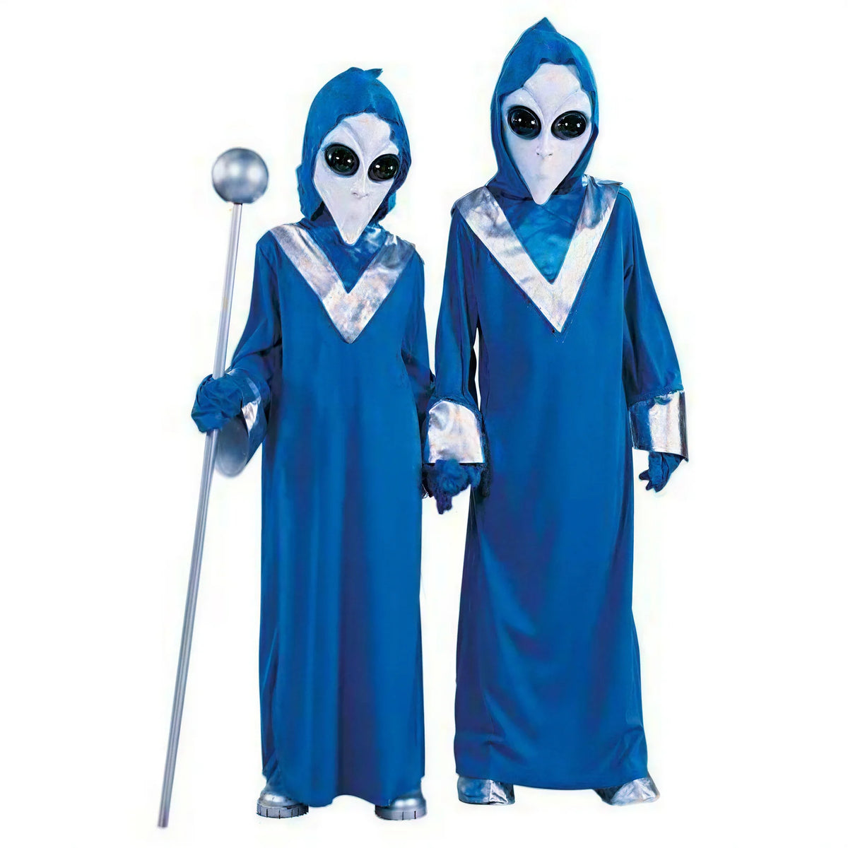 Blue alien costumes for a Halloween party