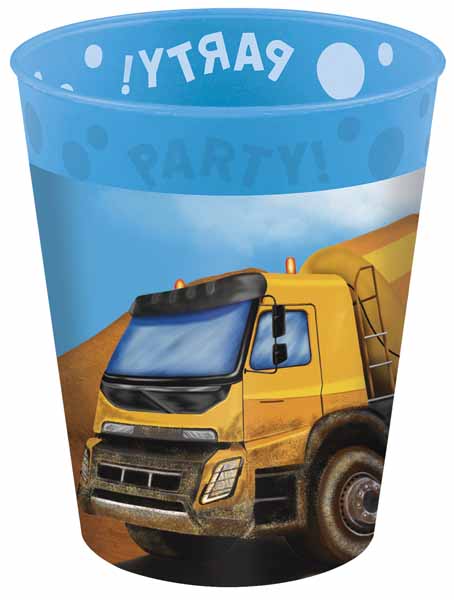 Blue reusable construction party cups for a truck-themed birthday table