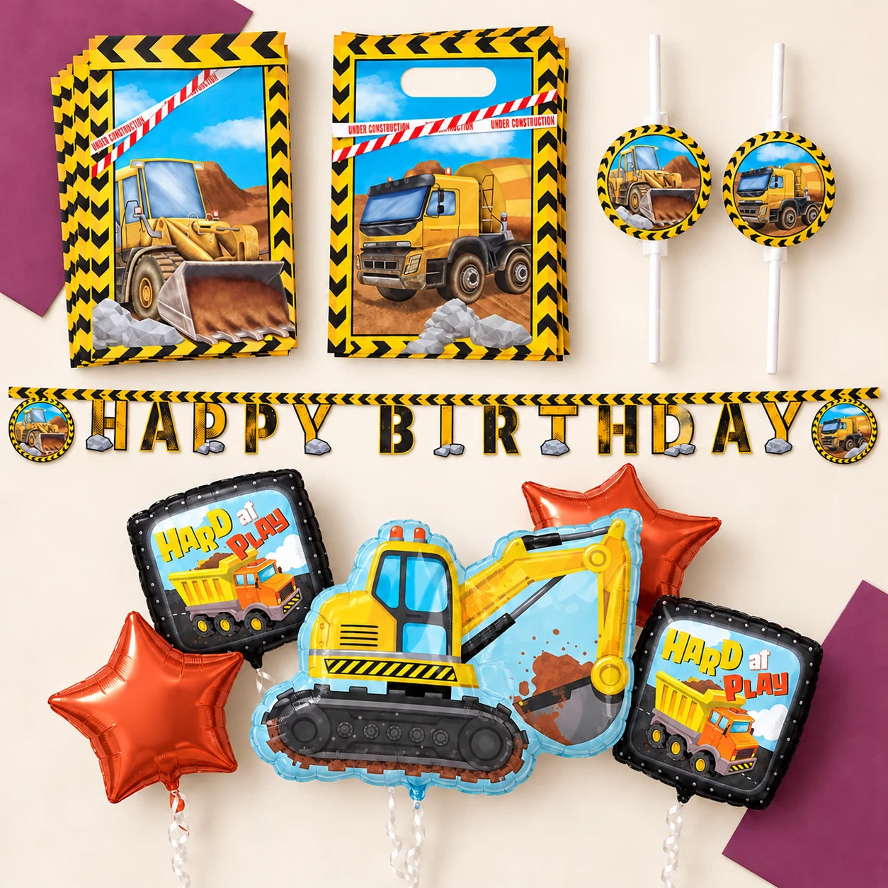 Construction favour bags, vehicle straws, birthday banner and excavator balloon bouquet from the live Shimmer & Confetti assortment